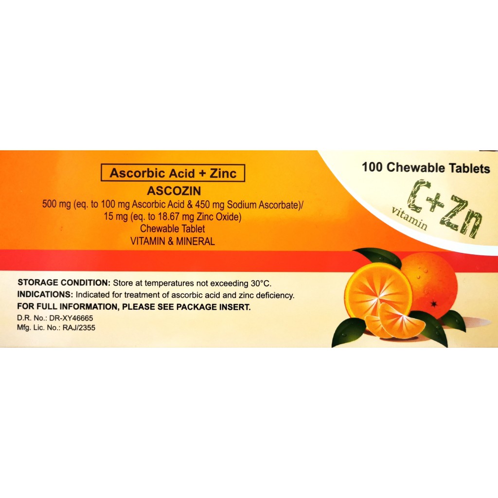 ASCOZIN Ascorbic Acid / Zinc 500mg / 15mg Chewable Tablet 1's Orange